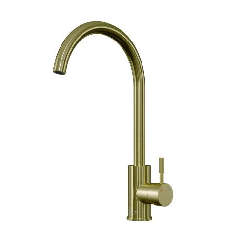 brushed brass kitchen mxier tap on a white background