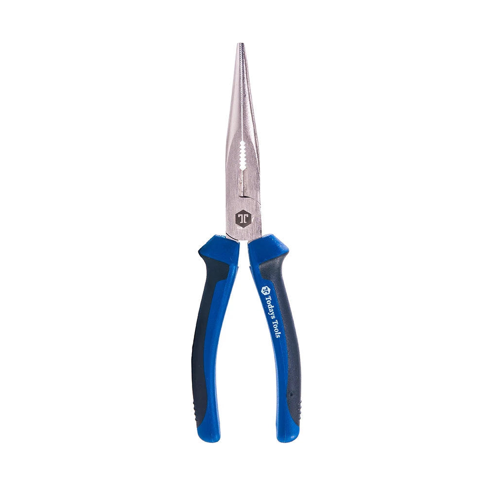 Pair of pliers with blue and black handles on a white background
