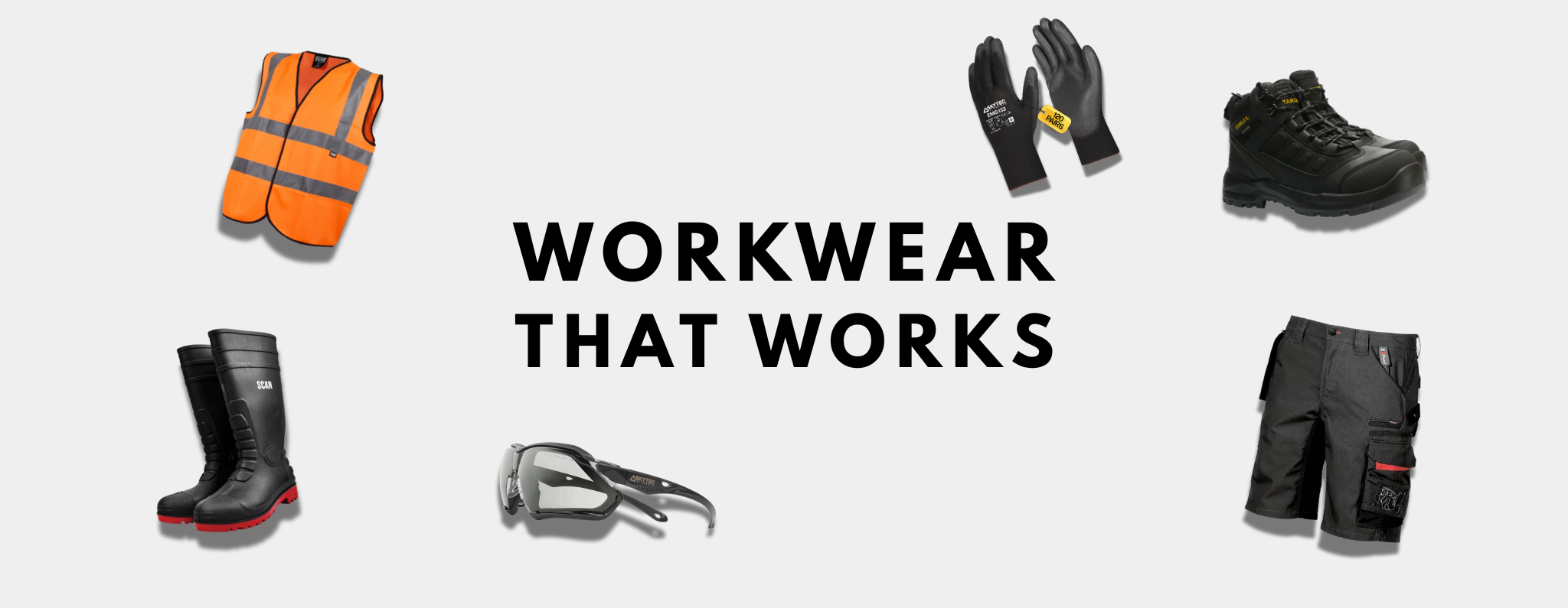 workwear arranged on a light grey background with the text workwear that works