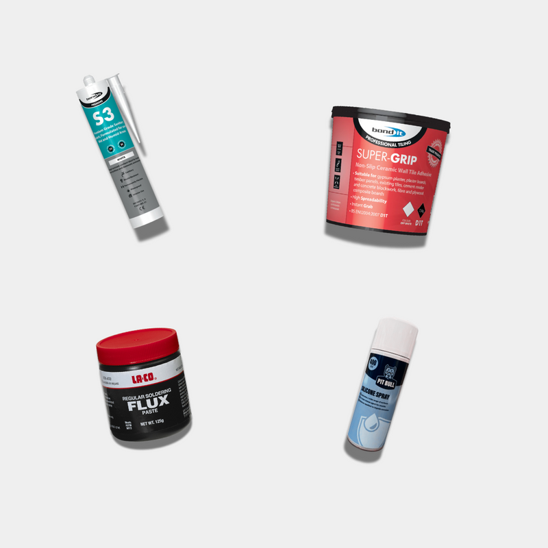 Collection of various plumbing consumables on a white background